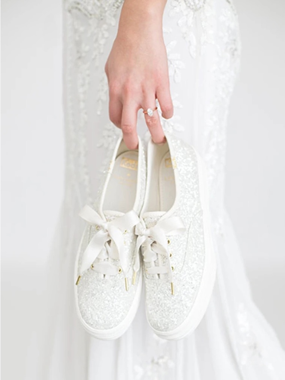 Keds x Kate Spade Champion Silver Glitter Satin Lace Sneakers Size 7.5 Bridal